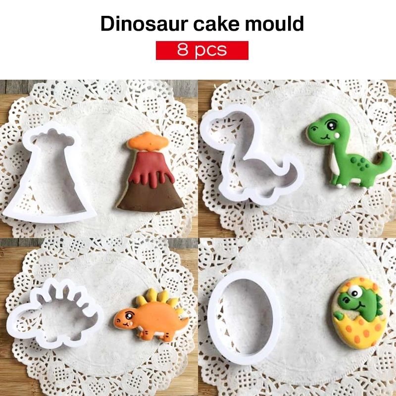 8pcs/set 3D Dinosaur Cookie Stamps Plastic Biscuit Decoration Mold Animal Shape Cutters Cake Decorating Tools | Дом и сад