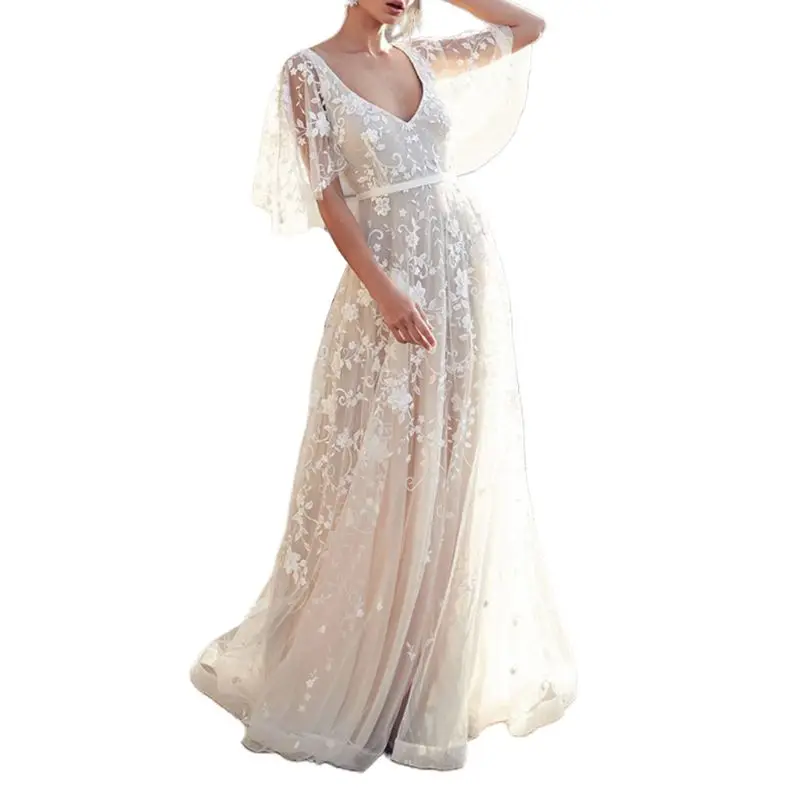 

Womens Sexy Deep V-Neck Backless Ball Gown Short Sleeve Floral Lace Vintage Wedding Prom Dress Evening Party Maxi Long Skirt