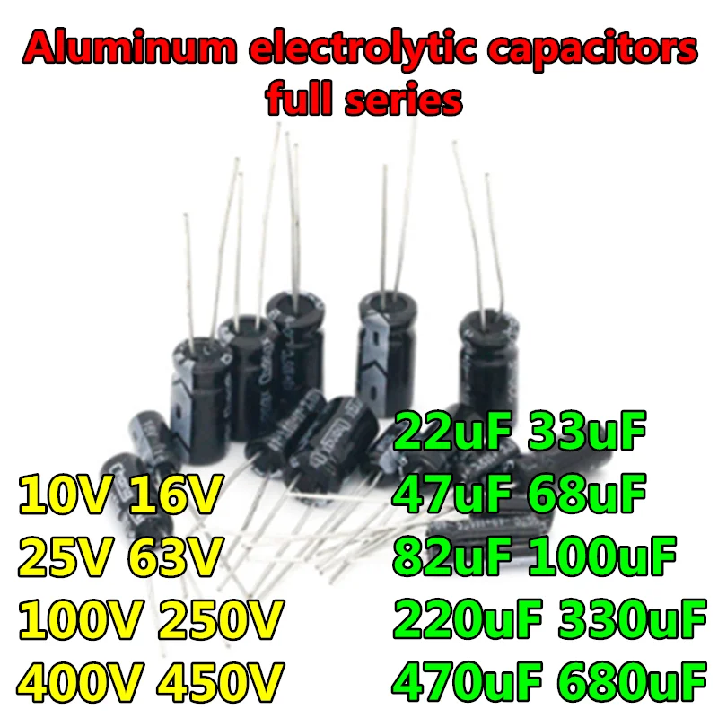 

10pcs 10V 16V 25V 63V 100V 250V 400V 450V electrolytic capacitor 22uF 33uf 47uf 68uf 82Uf 100uf 220uf 330uf 470uf 680uf