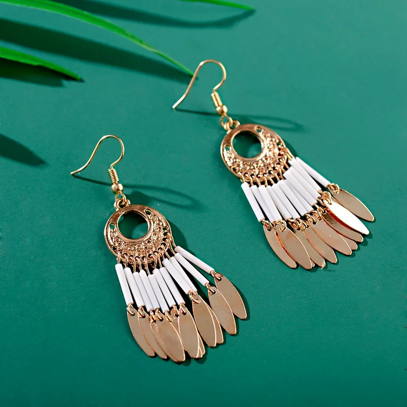 

Summer Ethnic Women's Round Alloy Long Tassel Dangle Earrings Bohemia Alloy Jhumka Earrings Wholesale
