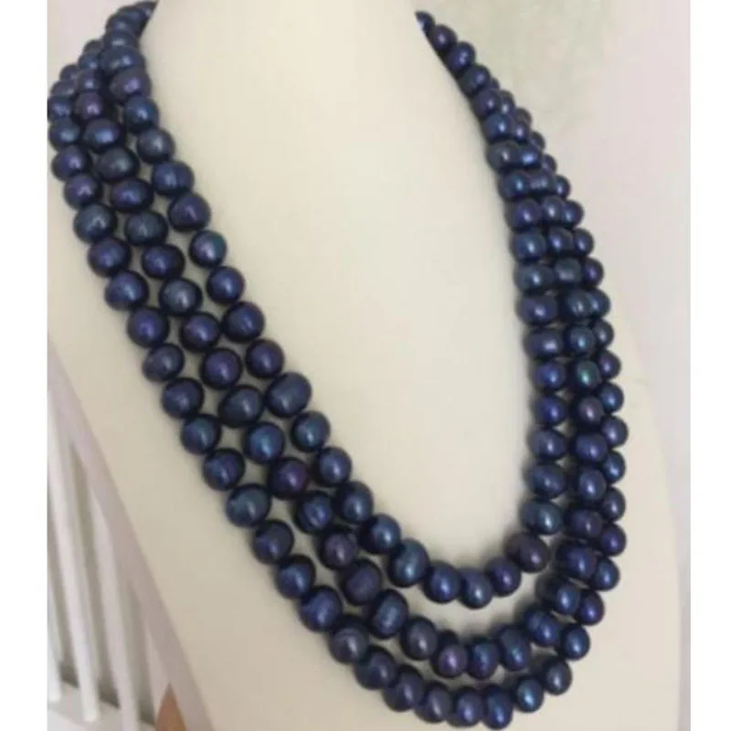

triple strand 9-10mm tahitian baroque black blue pearl necklace 18"20"
