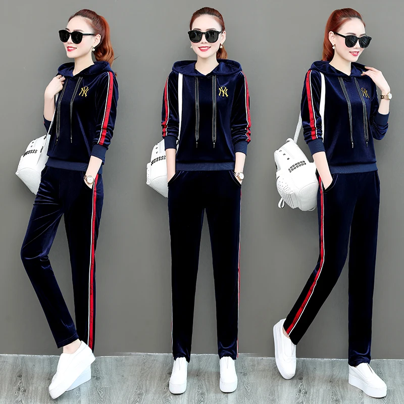 Бархатный спортивный костюм для женщин 2019 Женский Большой размер с капюшоном