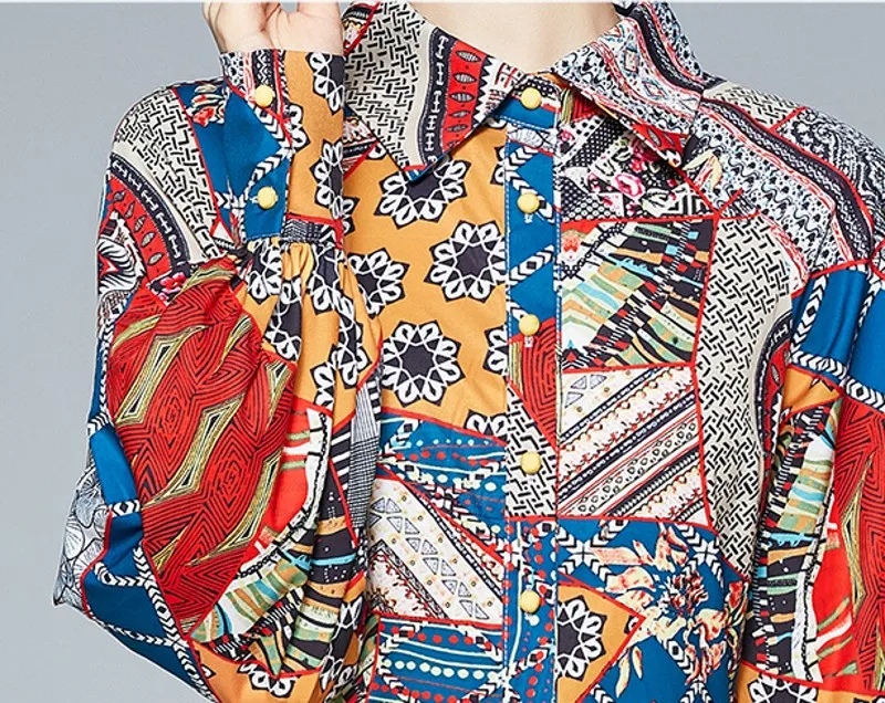 

2021 spring Fashion Women turn down collar Slim Casual print Dress