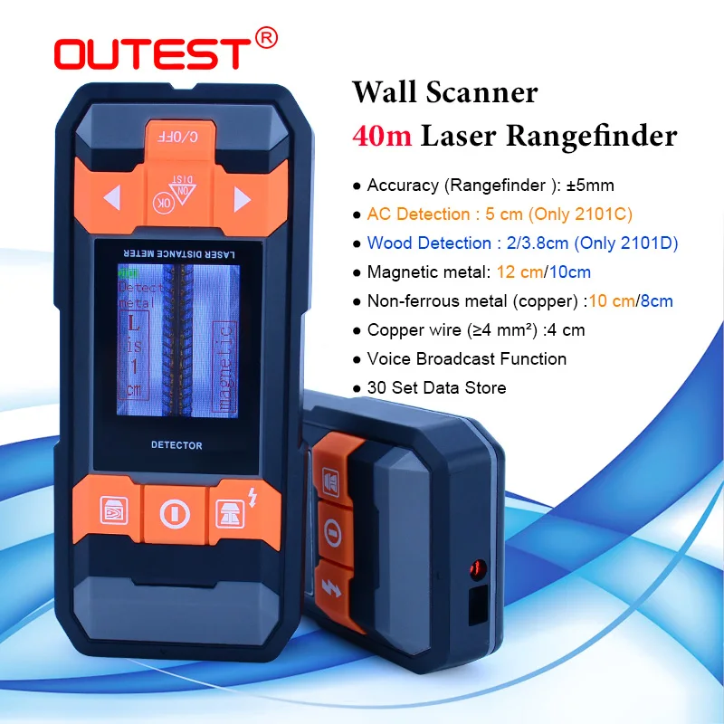 

OUTEST Stud finder detector wall scanner sensor for AC+Metal(steel bar,copper pipe)+Cable+wood finder+40M rangefinder 2101C/D