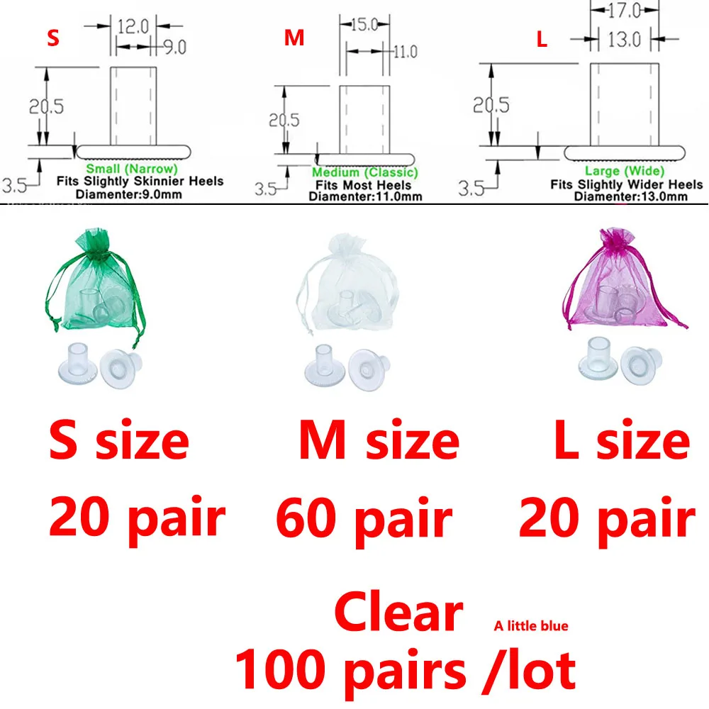Clear S20 M60 L20 100 пар/лот, высокий каблук-шпилька для латинских танцев, обувь на каблуках, Нескользящие протекторы для свадебной вечеринки - Цвет: Clear S20 M60 L20