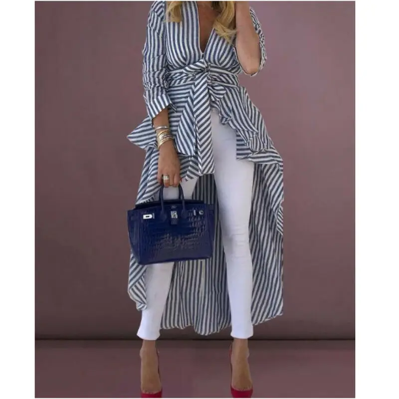 Женская рубашка в полоску с длинным рукавом и V-образным вырезом | одежда