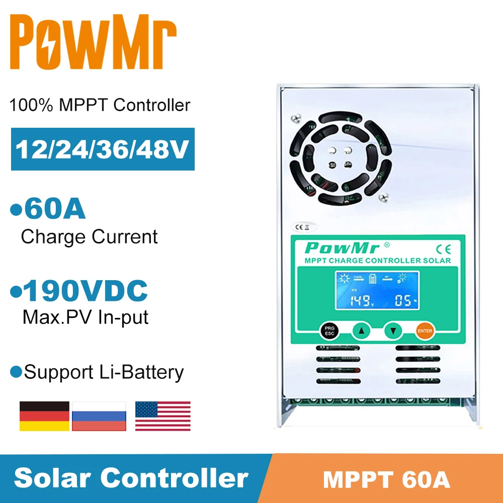 Powmr-controlador de Carga de Energia Automático com Tela Regulador de Carga de Bateria para Painel Solar de 12v 36v e 48v com Entrada Solar Mppt Painel 24v Max190vdc 60a Lcd