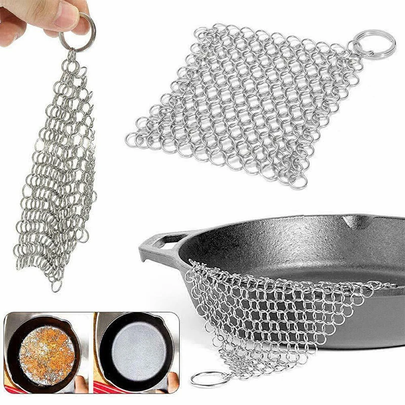 

1Pc Stainless Steel Cast Iron Skillet Cleaner Chainmail Scrubber Kitchen Grill Pan Rust Remover Cleaning Scraper Brush Tool