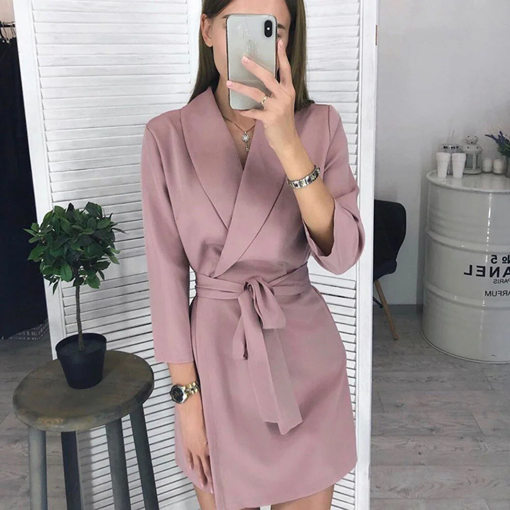 

Temperament Office Women's Autumn Dresses Fashion Suit Collar Loose Bandage Solid Color Middle Length Sleeve Short Dress 2021