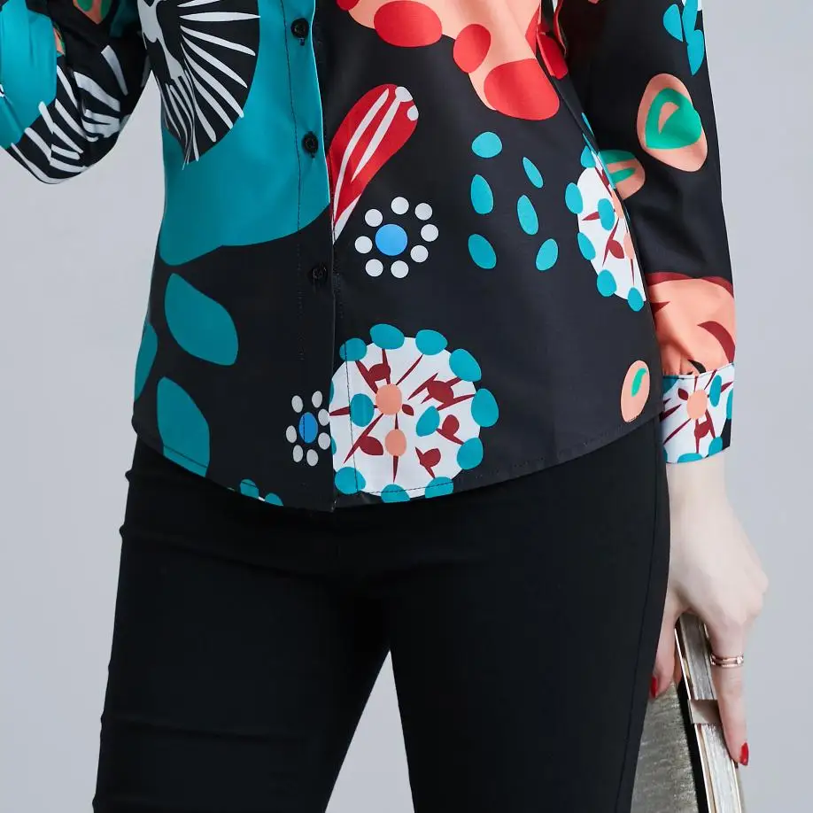 

New Elegant Vintage Fashion Women Spring Autumn Print Slim Shirt Office Lady Turn Down Collar Long Sleeve Blouses Tops
