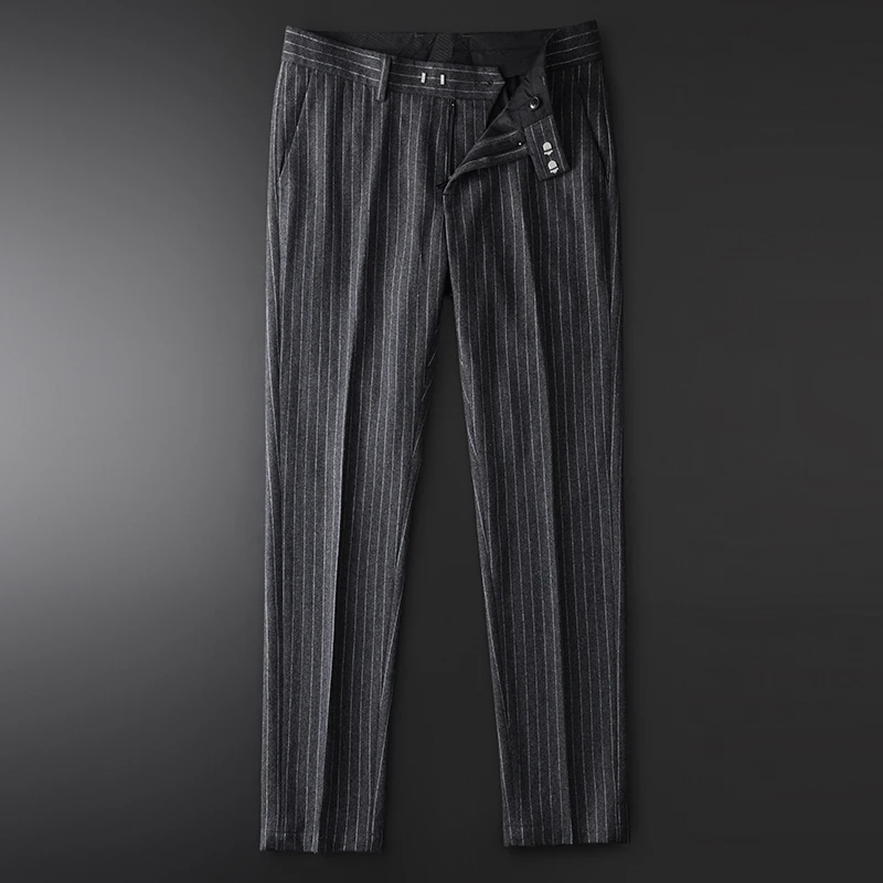 

Брюки мужские шерстяные, роскошные брюки в Вертикальную Полоску, приталенные, повседневные, Осень-зима