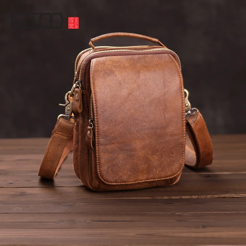 

AETOO Men's mini bags, leather one-shoulder sloping bags, handmade casual leather handbags, mobile waist bags