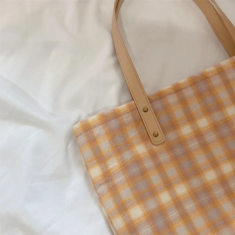 

Spring and Summer New Large Cloth Bag Plaid Artistic Fresh Student Women's Cotton Shoulder Bag Large Capacity Travel Bag Tote
