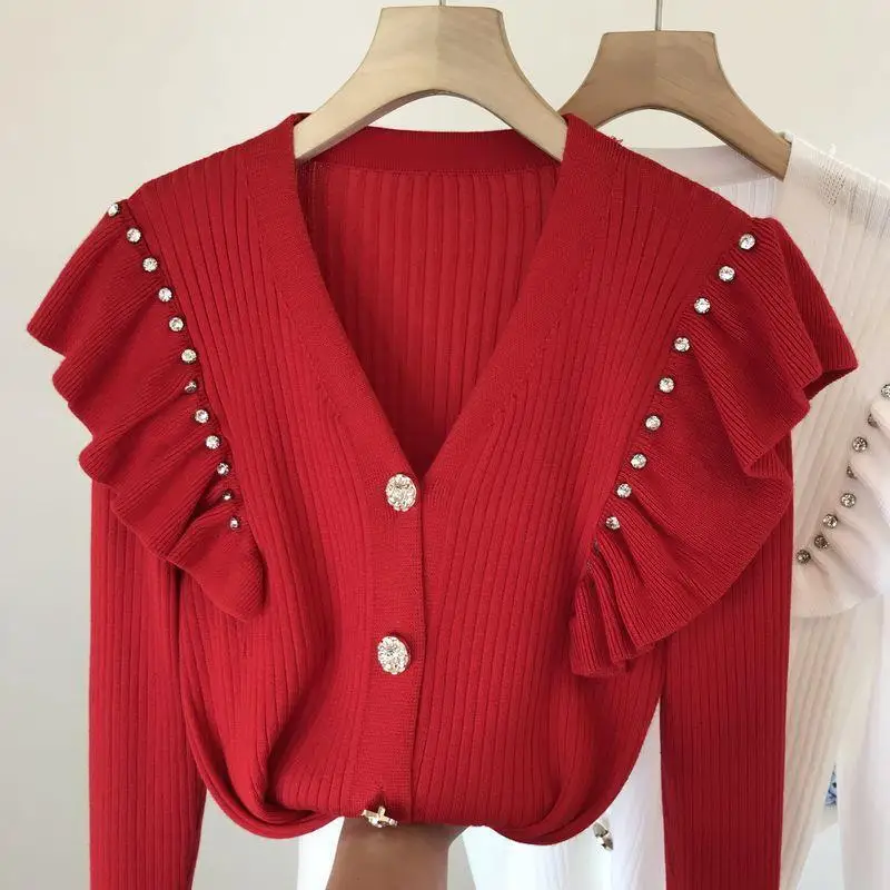 

Женский трикотажный кардиган с V-образным вырезом, однобортный свободный трикотажный приталенный свитер с длинным рукавом, модель F32 на осе...