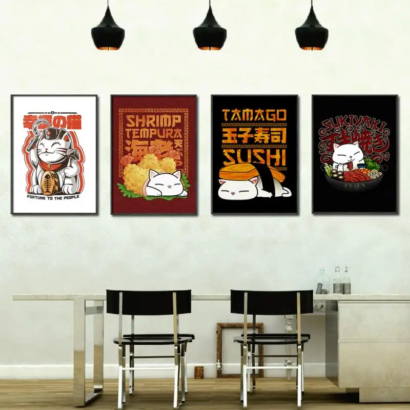 

Japanese Dining Decor Poster Cartoon Lucky Cat Sukiyaki Sushi Tempura Shrimp Japanese Restaurant Wall Art Dining Room Home Decor