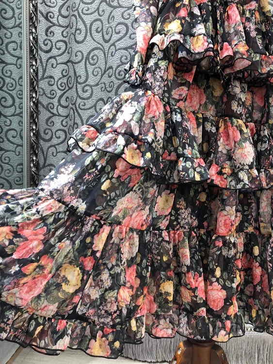 

New Arrival Dress 2021 Spring High Quality Designer Clothing Women Charming Floral Print Cascading Ruffle Deco Long Sleeve Dress