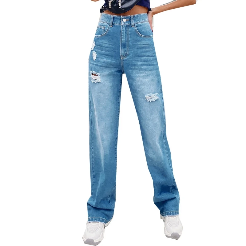 

Женские мешковатые джинсы с высокой талией, винтажные потертые рваные джинсовые брюки с дырками, широкие повседневные свободные брюки в ст...