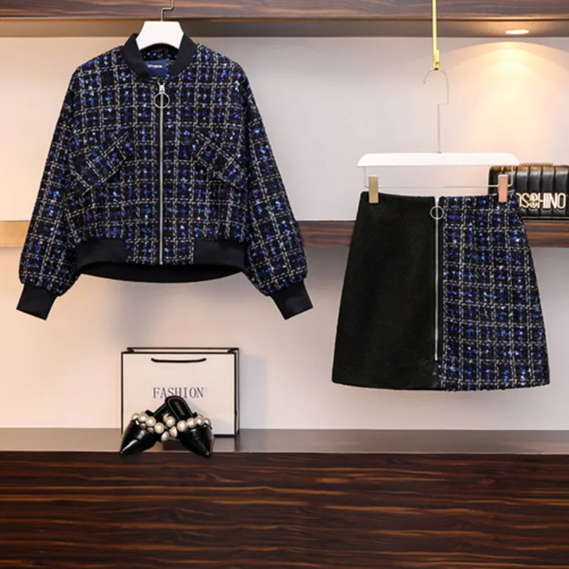 

Женский Маленький очаровательный ветрозащитный костюм, свободное твидовое пальто в клетку с новым узором и короткая юбка, костюм из двух пр...