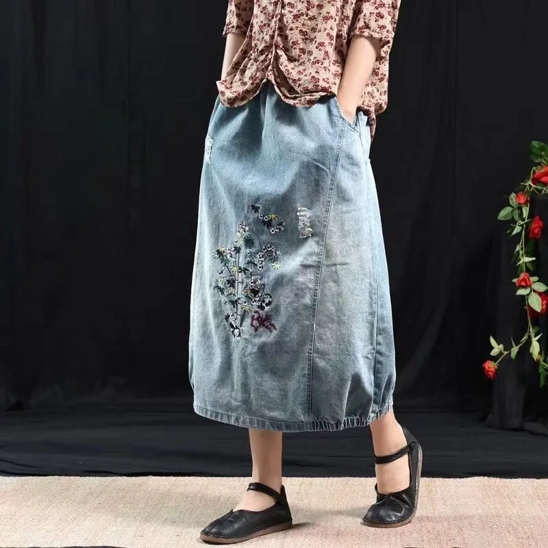 Повседневная новая джинсовая юбка с вышивкой и завязками сезон весна-осень