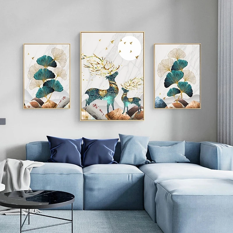 

Wall Art Pictures Nordic Abstract Landscape Golden Elk Leaf Canvas Painting Posters Print for Living Room Home Decor No Frame