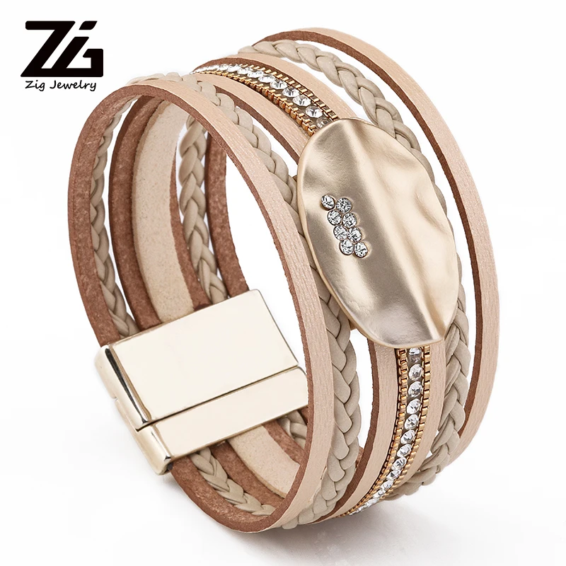 ZG Многослойный кожаный браслет женский Овальный металлический Шарм Кристалл