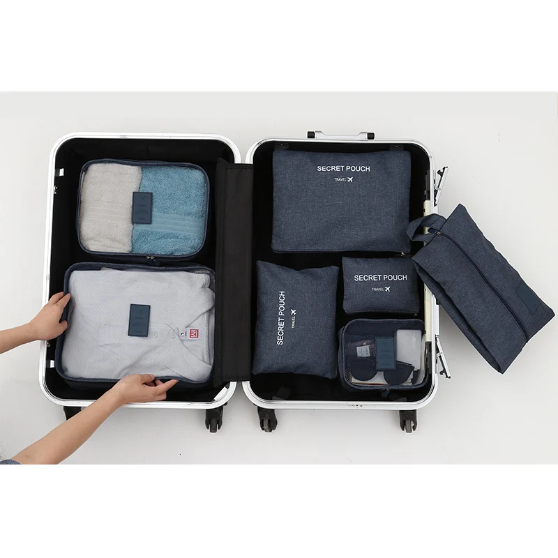 Navy-Travel bag HMUNII упаковочный органайзер для нижнего белья Кубики Обуви Сумки для белья мешки для белья чемодан для путешествий, органайзер для хранения 7 комплектов серый - Цвет: Navy-Travel bag