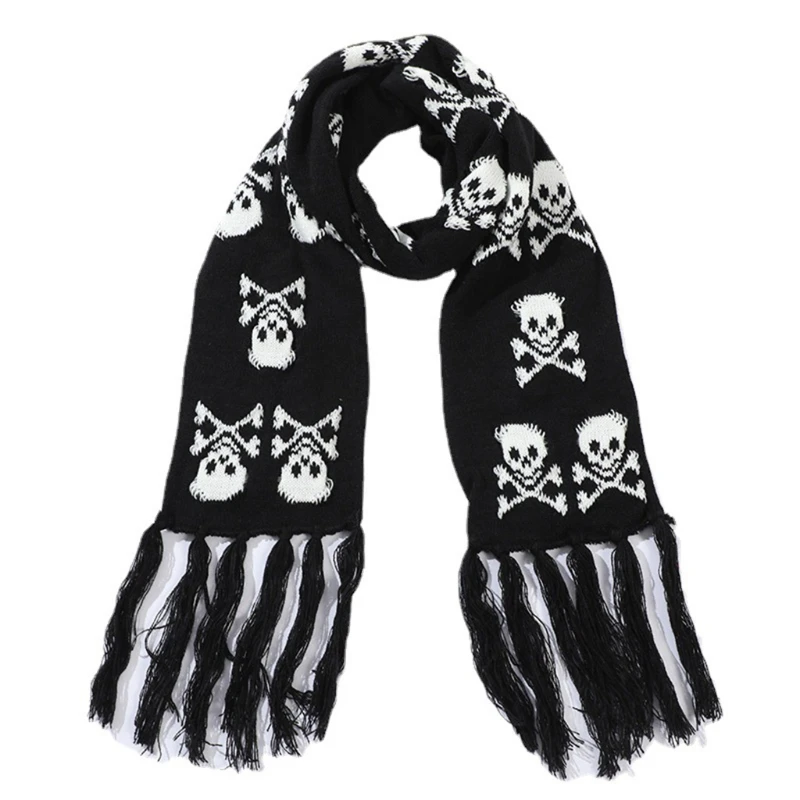 Scarf With Fringes For Men Black And White Stylish Knitted Wool Feel Long Fashion Scarf With Fringes Skull Crossbones