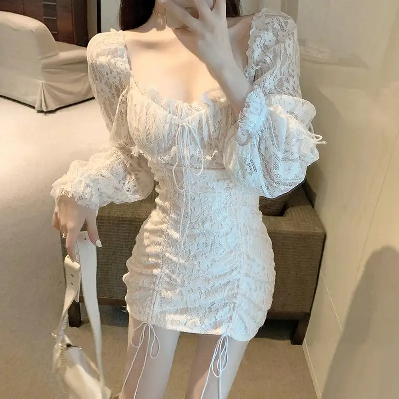 

2021 vintage Lacing Up Ruched Package hips Lace Short Dress White Women Sexy Strappy Draped Hem Long sleeve Mesh Mini Dresses
