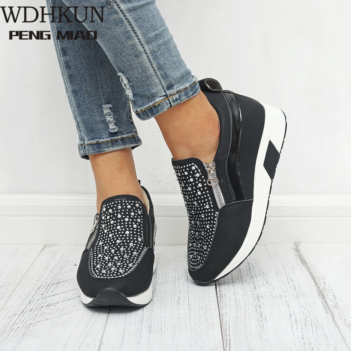 

Puimentiua Sneakers 2019 Women Shoes High Black White Pink Women Sneakers For Women Outdoor Sports New Rhinestone Female Sneaker