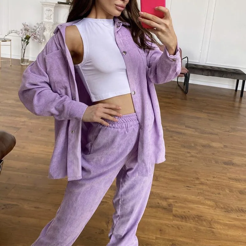 

Модный женский однотонный комплект из двух предметов, осень 2021, пальто с отложным воротником на пуговицах и длинным рукавом, повседневные б...