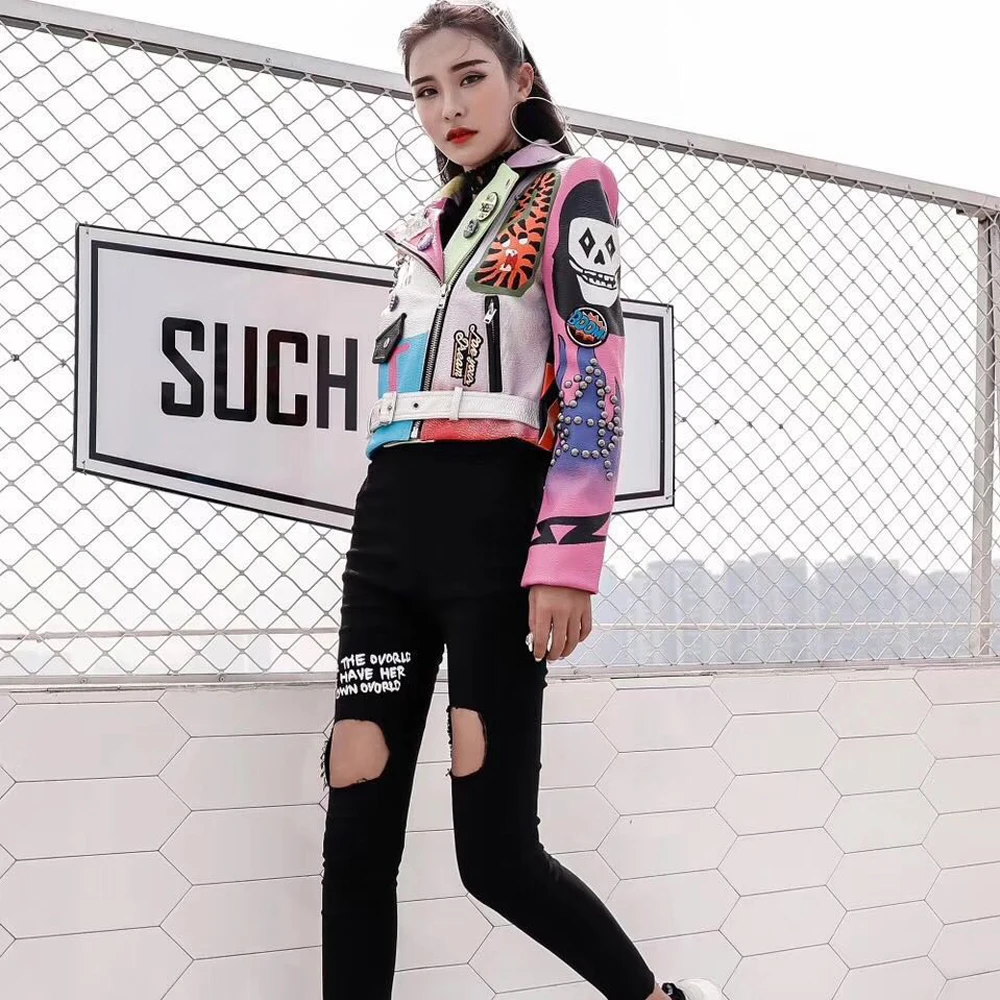 Осенняя Женская куртка из искусственной кожи на молнии с заклепками Осеннее