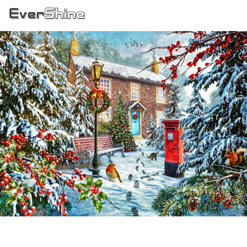 

EverShine Diamond Painting Winter 5D DIY Diamond Embroidery House Full Square Scenic Picture Of Rhinestones Mosaic Home Decor