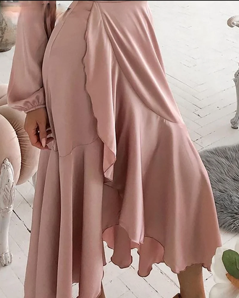 

2021 New Fashion Long-sleeved Elegant Deep V-neck Asymmetrical Ruffled Long Dress