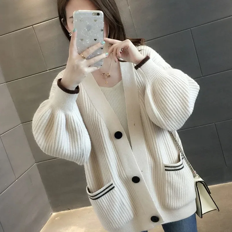 

Женский длинный кардиган на пуговицах, однотонный теплый трикотажный свитер с V-образным вырезом и рукавами-фонариками, Осень-зима 2020