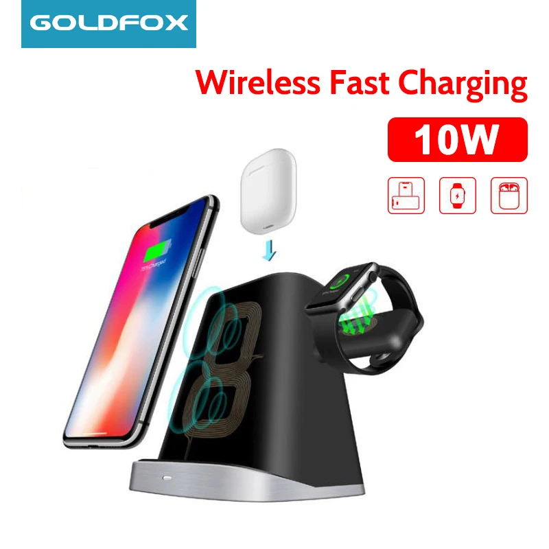 

Беспроводное зарядное устройство 3 в 1 Qi для iPhone 10 Вт, быстрая Беспроводная зарядная док-станция для Apple watch 2 3 4 для Airpods, Держатель зарядного у...