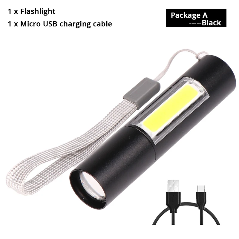 Package A-Black Мини светодиодный фонарик USB Перезаряжаемый с COB боковым фонариком 3 режима Поддержка зум открытый кемпинг свет с Бесплатный usb-кабель - Испускаемый цвет: Package A-Black