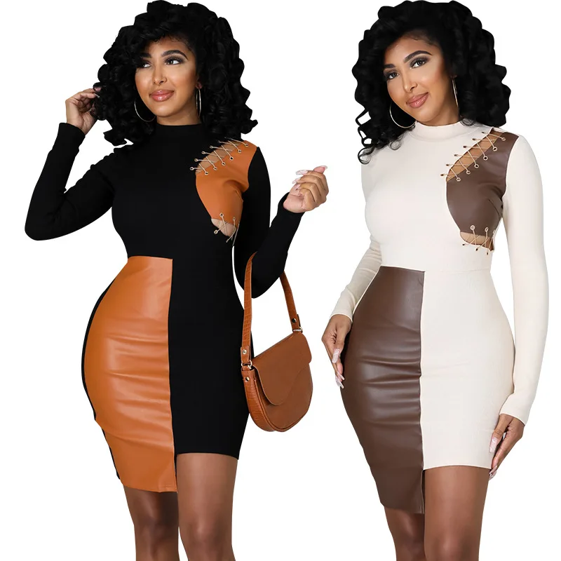 

Hollow Out Patchwork PU Leather Mini Dresses for Women Round Neck Full Sleeve Bodycon Skirt High Street Wear Chic Outfit