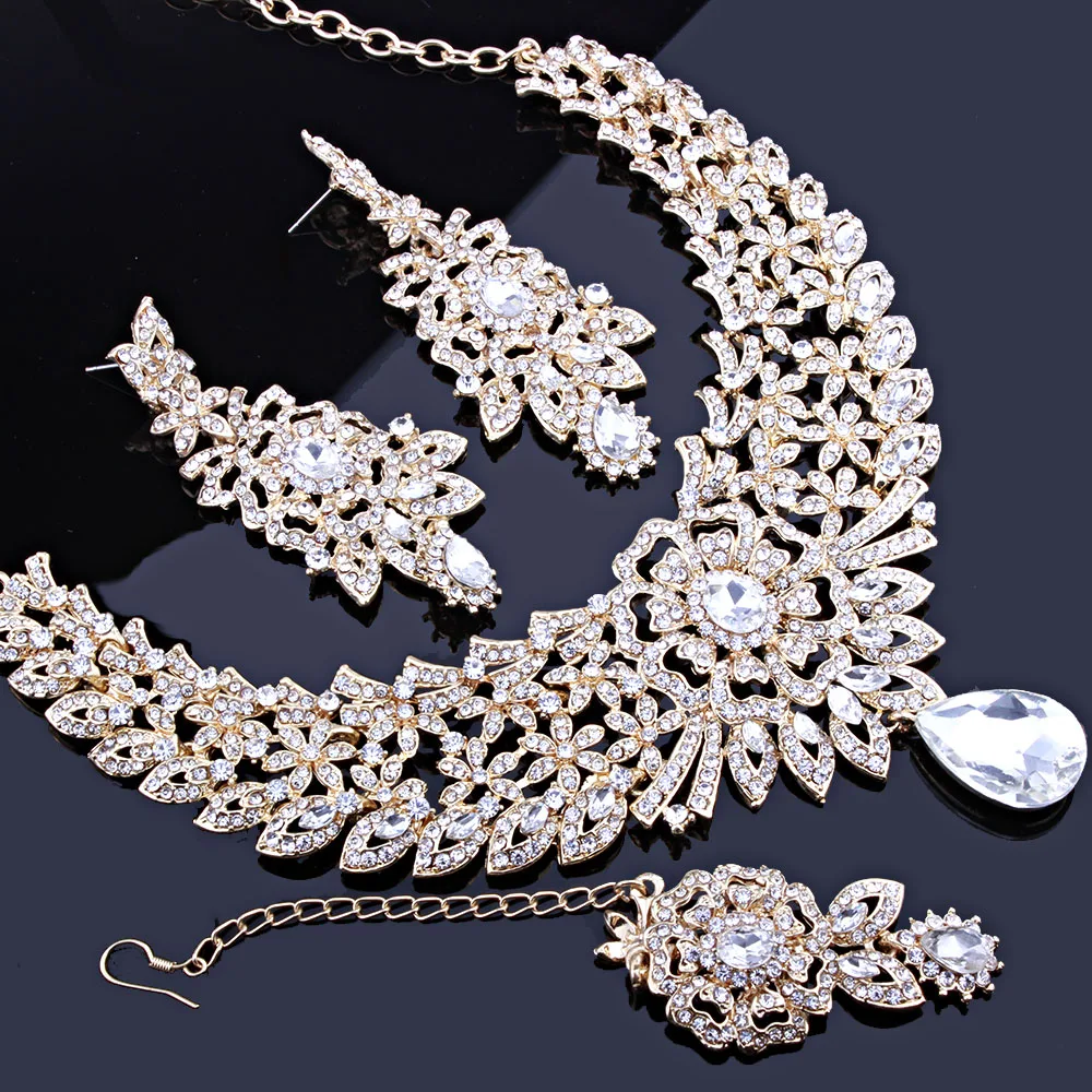 ФАРЛЕНА Классический Индийский Набор для невесты - Ожерелье, Серьги и Принаряд на лоб Шикарные свадебные украшения с кристаллическими стразами.