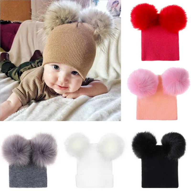 Adisputent Winter Baby Warm Hat Infant Knit Toddler Crochet double fuffy ball Beanie Ski Cap 2019 new fashion Comfortable | Аксессуары