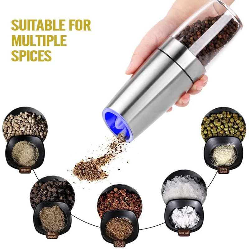 

2Pack Electric Gravity Salt and Pepper Grinder Set Salt Pepper Mill Electric Spices Manual Spice Adjustable Coarseness