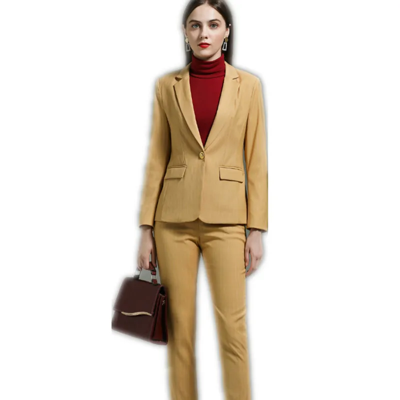 

Pant Suit Women S-4XL Office Lady OL Yellow Work Women's Suits 2 Piece Set Suit Jacket Blazer Coat And Pencil Pant