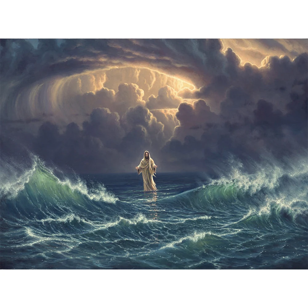 

ColorFlow Jesus Walking on Water Full Drill Round Square Diamond Painting Kits DIY Diamond Embroidery Rhinestone Home Decoration