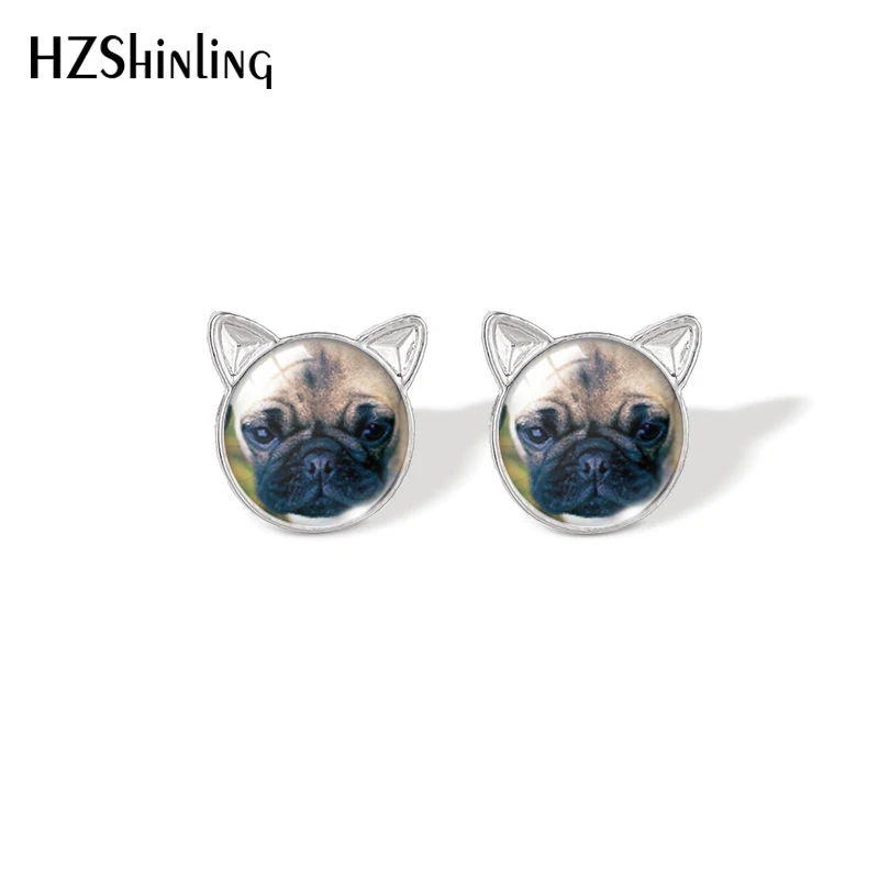 

2021 Pug dog Cats Ear Style Glass Cabochon Stud Earrings Fashion Jewelry Earrings of Women