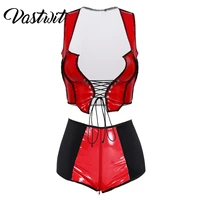 womens patent leather crop top sexy wet look lace up front bandage hollow out tank vest set rave party clothes clubwear