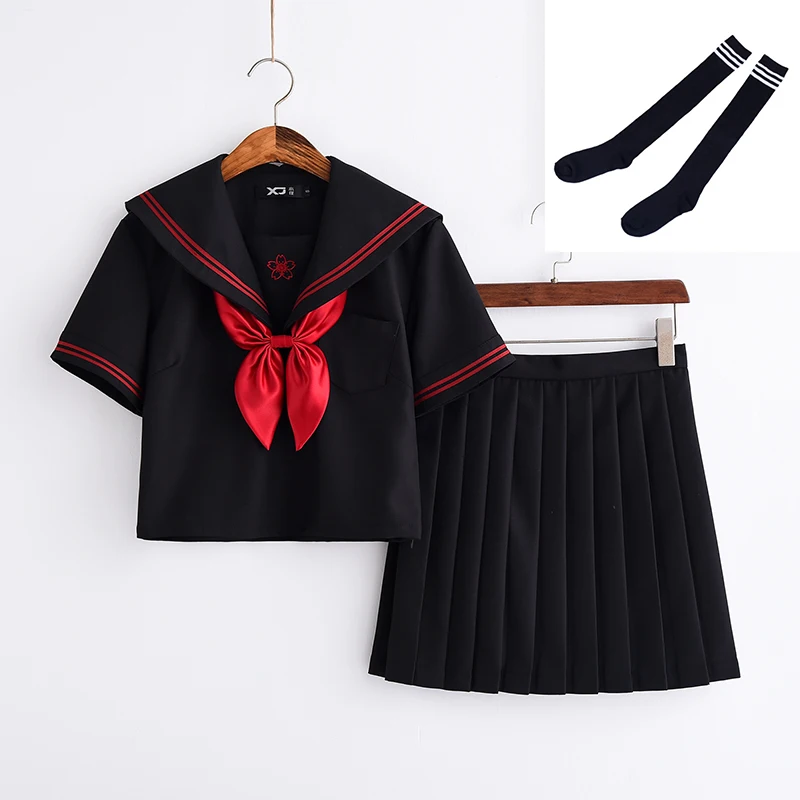Short Set With Socks UPHYD школьная форма Япония девушки с коротким рукавом Jk костюм моряка для маскарада футболка консервативный стиль колледж юбка Женский костюм комплект черный - Цвет: Short Set With Socks