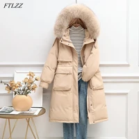 ftlzz winter women down long jacket large natural fur collar hooded coat 90 white duck down parkes thickn snow warm outwear