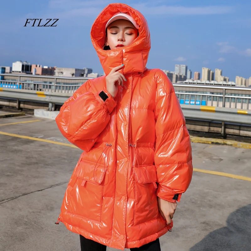 

FTLZZ 2020 яркая с капюшоном куртка на 90% белом утином пуху зимняя женская зимняя одежда свободная средней длины женская пуховая парка оверсайз