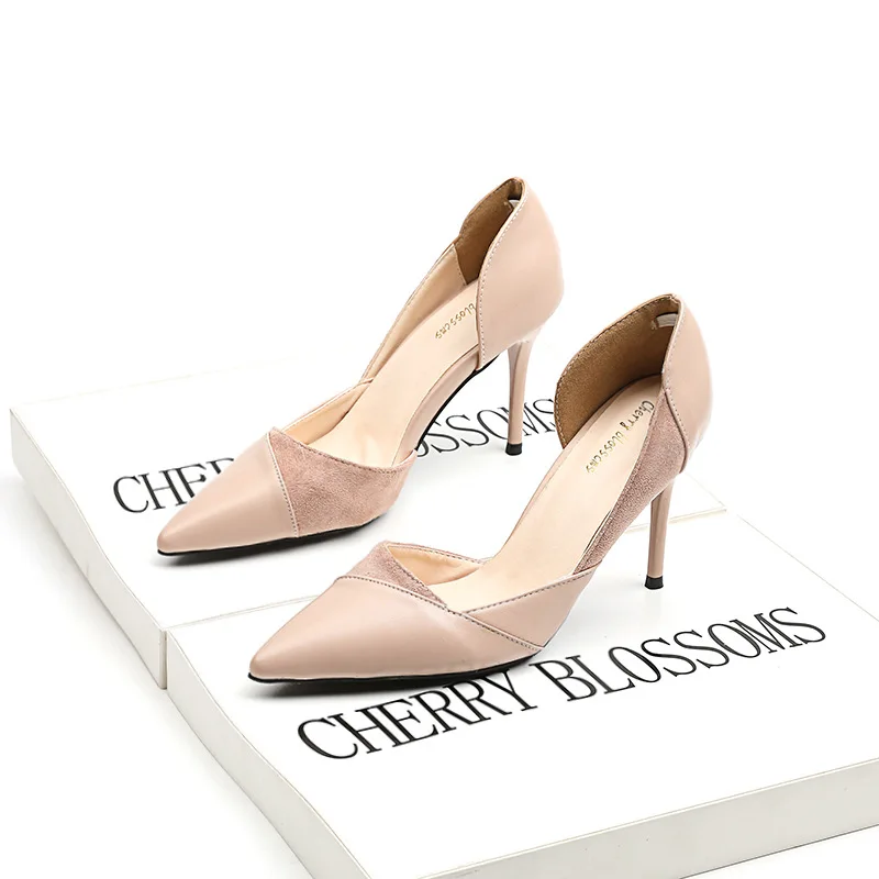 

2019 ladies high-heeled shoes with spring and summer wild pointed side leather short mouth shoes work shoes