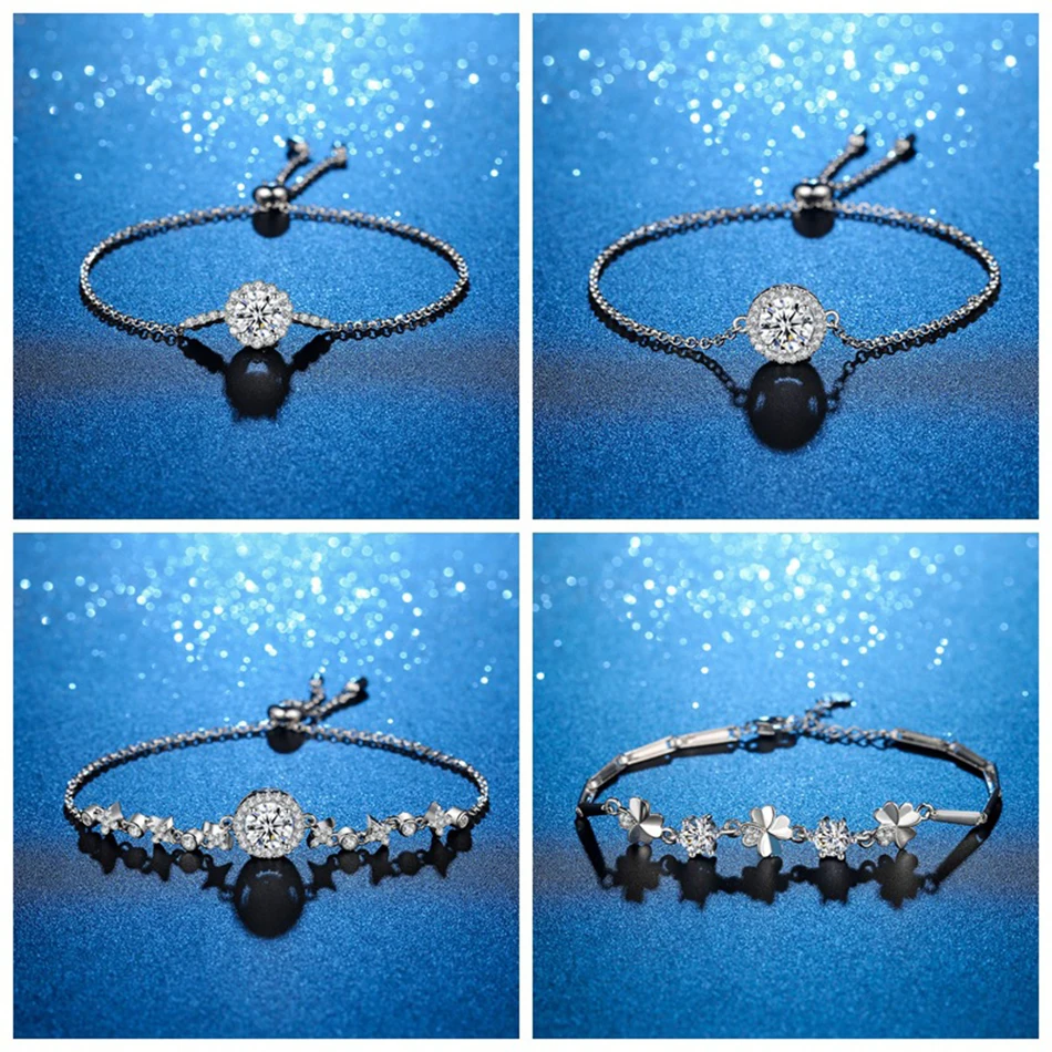 Роскошный браслет "Четырехлистный клевер" из подлинного серебра 925 с моиссанитом для женщин, прошедший тест на алмазную подделку.