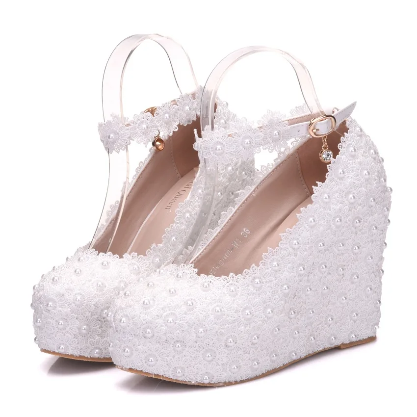 

Large size round head waterproof platform heel single shoes white lace heel wedding shoes style
